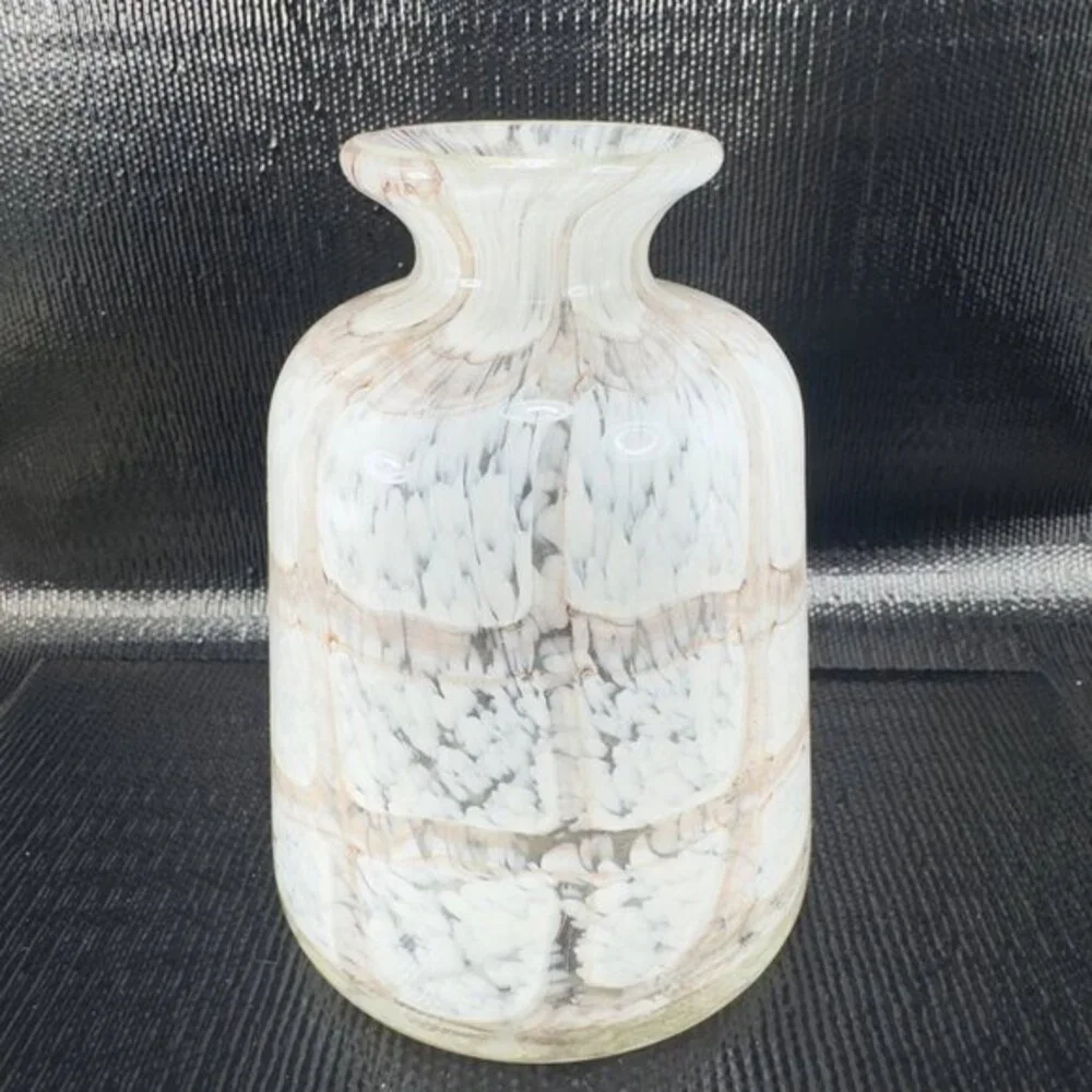 Vintage Hand Blown Art Glass Vase Opaque White Brown Spots Glass Vase Decorative